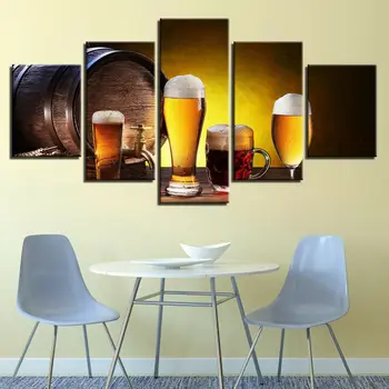 오크 배럴 맥주 디스펜서 와인 유리 음료 주류 5 패널 캔버스 인쇄 벽 아트 HD 인쇄 그림 포스터 홈 장식 없음 액자