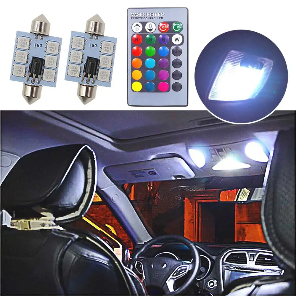

2pc RGB Car Led Light C5W 5050 6SMD 12V 36mm Festoon Dome Door Multi Color Lemote Controller Reading Lamp Roof Trunk Wedge Bulbs