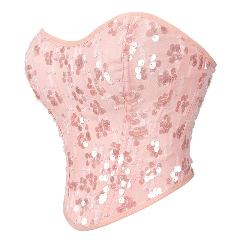 

Sexy Women's Vintage Corset Crop Tops Light Pink Sequin Embellished Corsets Sexy Push-up Top