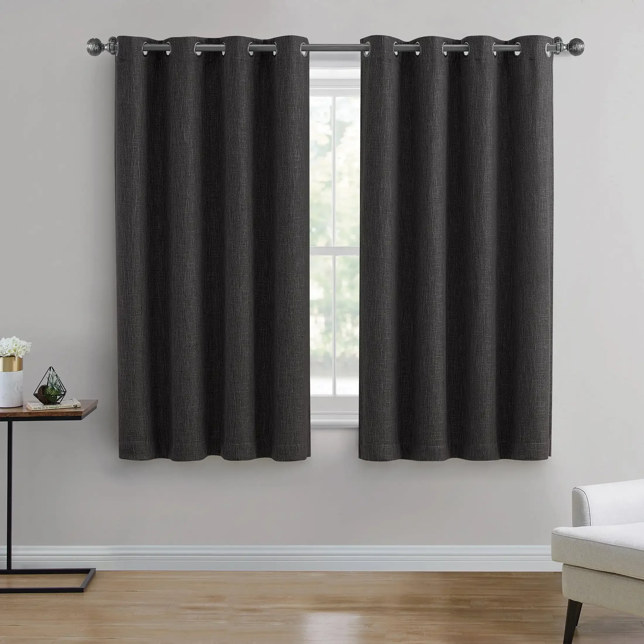 

Woven Textured Grommet Blackout Curtain Panel, Black, 50" x 63"， drapes in living room