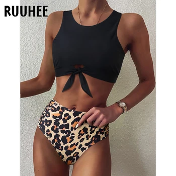 RUUHEE 여성용 비키니 2023 레오파드 매듭 하이넥 스포츠 상의, 주름 장식 하이웨이스트 비키니 세트, 투피스 수영복