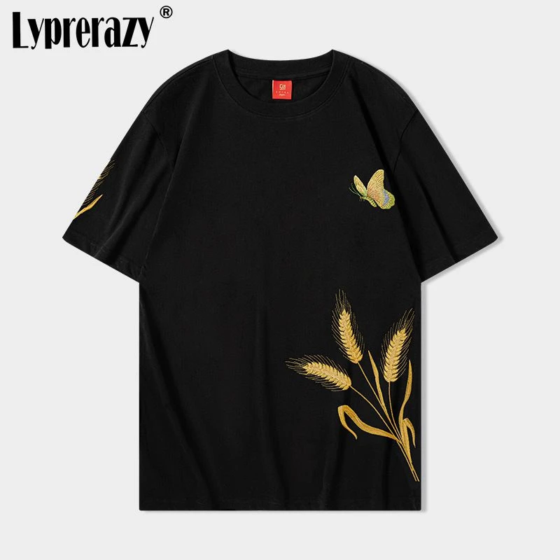 

Lyprerazy National Tide Flowers Embroidery Short Sleeve Men's T-shirt Summer Loose Casual Cotton Tees Tops