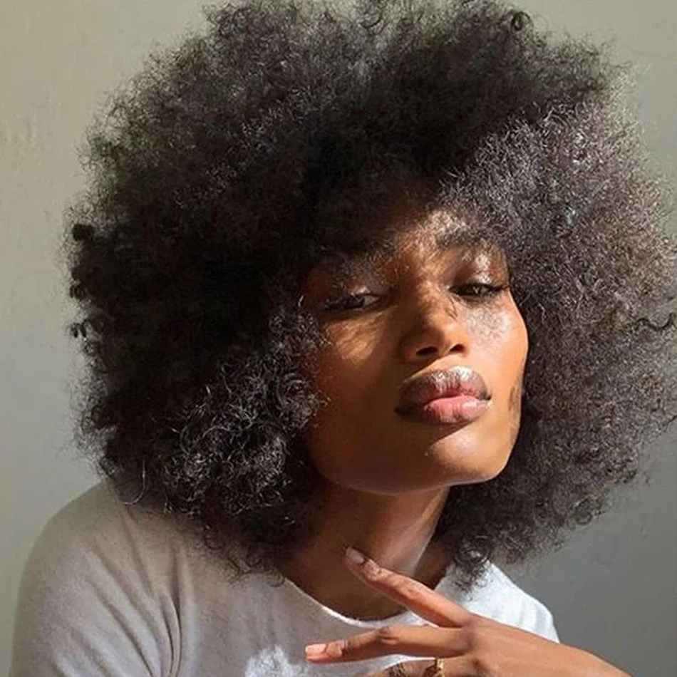 

Fluffy Afro Kinky Curly Human Hair Wig With Thick Bang Natural Short Bob Wigs For Black Women 250% Density Full Machine Hair