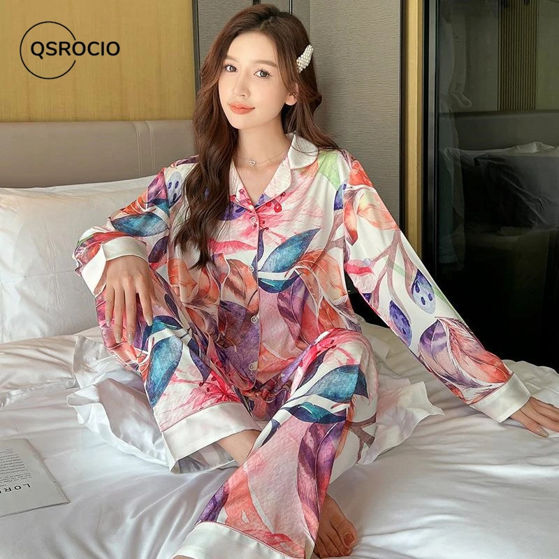 QSROCIO Women's Pajamas Set Fashion Colorful Leaves Print Leisure Sleepwear Silk Like Long Homewear Nightwear Femme Petite
QSROCIO Women's Pajamas Set Fashion Colorful Leaves Print Leisure Sleepwear Silk Like Long Homewear Nightwear Femme Petite