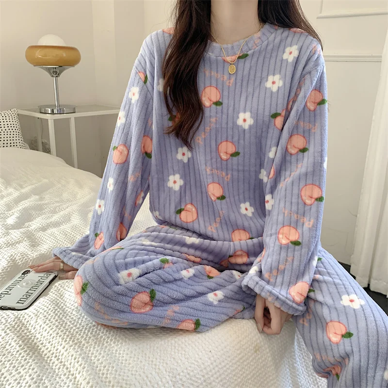 

Autumn Winter Cute Cartoon Print Pajama Set Women Sweet Warm O-Neck Soft Sleepwear Girls Harajuku Coral Fleece Homewear Suit