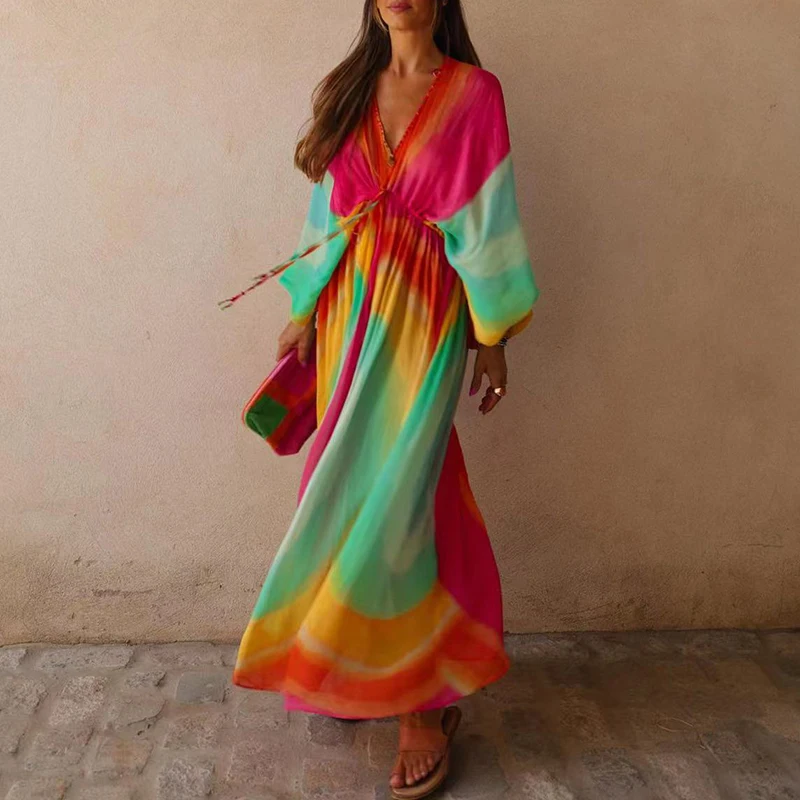2023 Spring Lady Long Sleeve V-neck Boho Dresses Casual High Waist Pleat Long Dress Elegant Contract Color Lace-up Party Dress
2023 Spring Lady Long Sleeve V-neck Boho Dresses Casual High Waist Pleat Long Dress Elegant Contract Color Lace-up Party Dress
