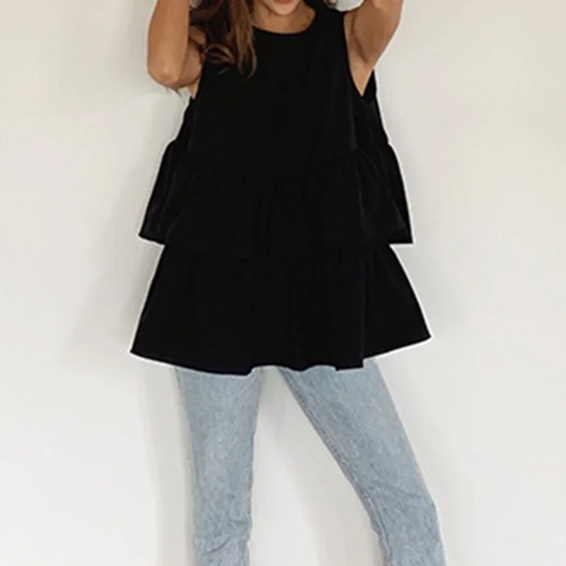 Black Sleeveless Women's 2021 New Fashion Summer Kawaii Round Neck T-shirt Top with Ruffled Cute Korean Loose Women's Vest Top
Black Sleeveless Women's 2021 New Fashion Summer Kawaii Round Neck T-shirt Top with Ruffled Cute Korean Loose Women's Vest Top