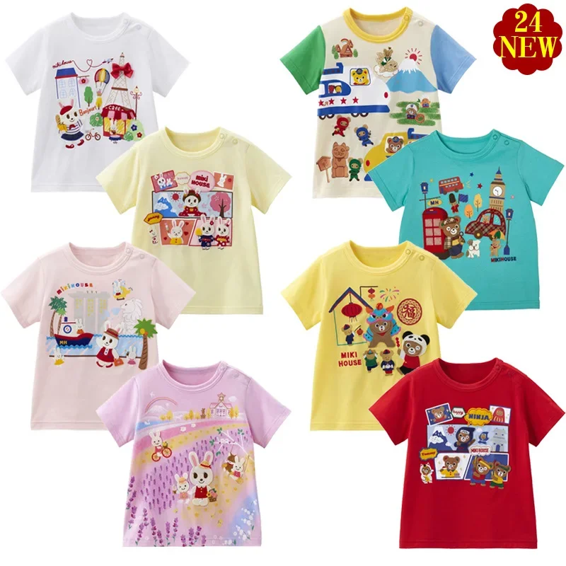 

2024 Girls Clothes Summer New Boy Cartoon Cute Bear Bunny Heavy Industries Embroidery Short Sleeve T-Shirt
