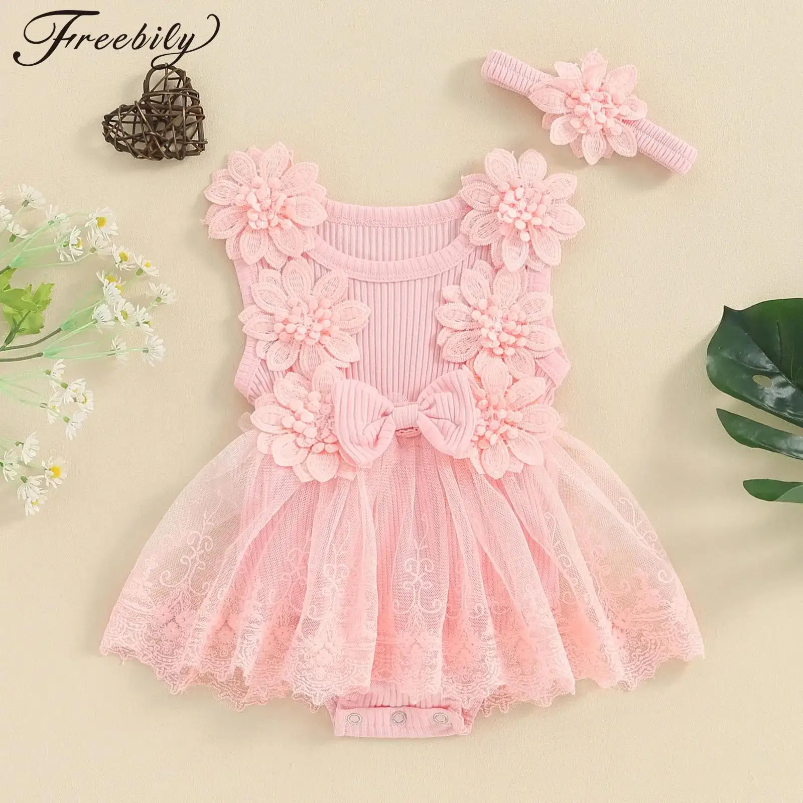 

Infant Baby Girls Flower Lace Romper Dress Rib Knit Tulle Mesh Bodysuit One Piece Jumpsuit with Headband Summer Outfit for Party