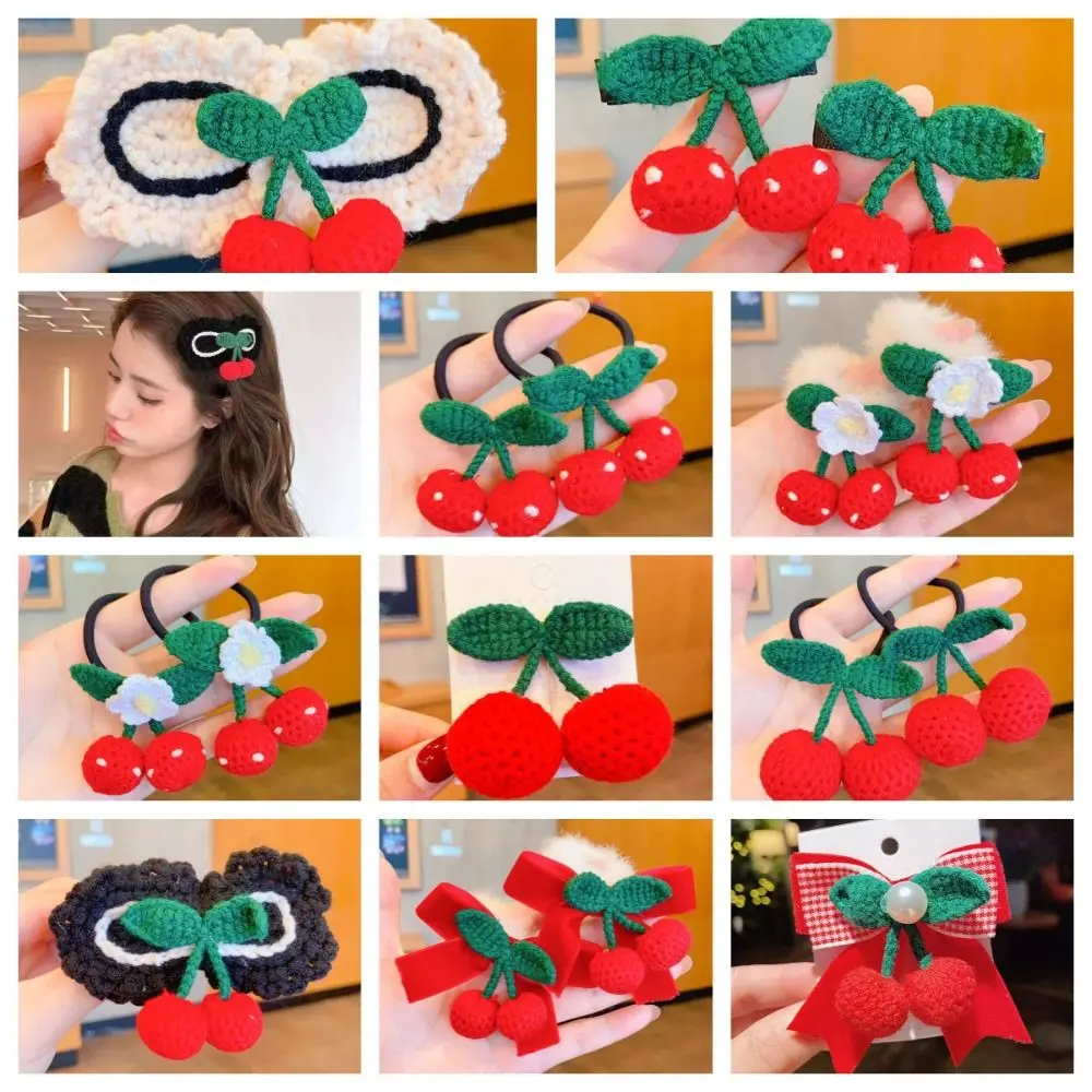 

Crochet Children Red Cherry Headdress Hairband Elastic Woolen Princess Hair Accessories Knitted Hair Rope New Year