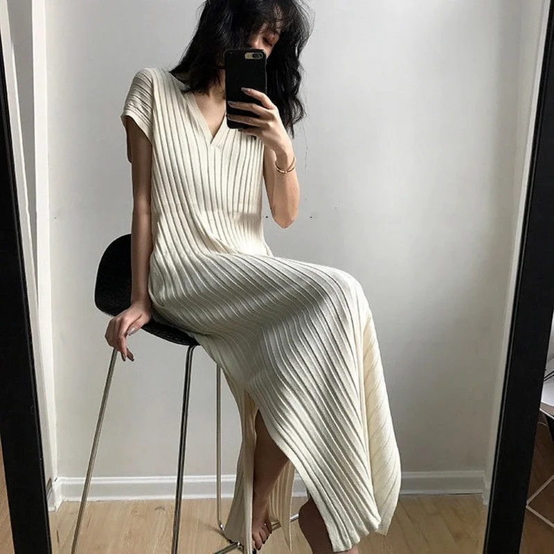 

Spring Summer Casual Harajuku Sweater Dress Women Solid Loose V-neck Side Slit Ribbed Knit Long Dresses Party Vestido Feminino