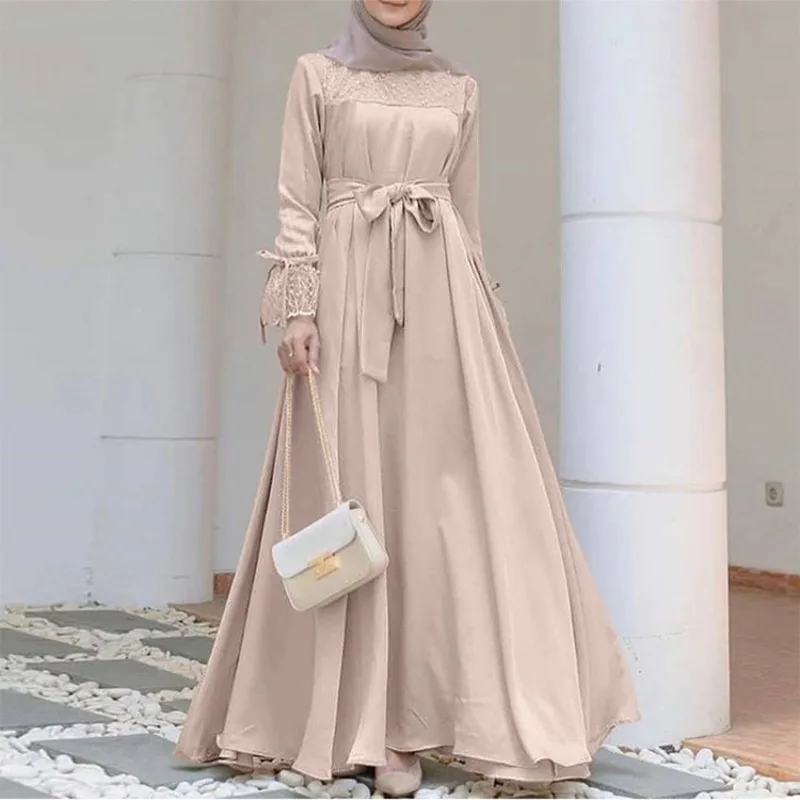 

Wepbel Long Sleeve High Waist Maxi Party Dress Y2K Solid Color Women Dress O-neck Slim Fits Lace Big Swing Office Lady Dress