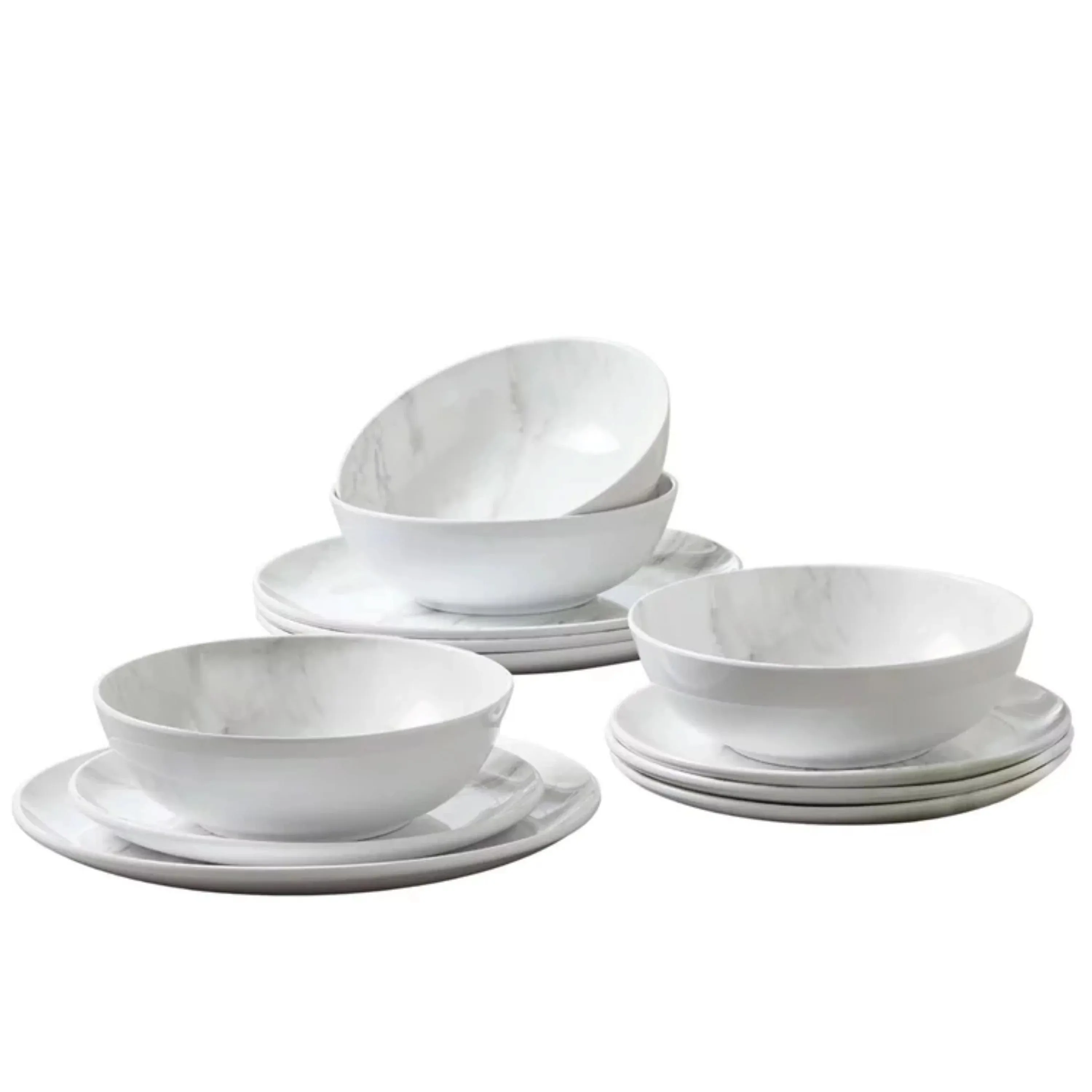 

12-Piece Melamine Grey and White Marble Dinnerware Set