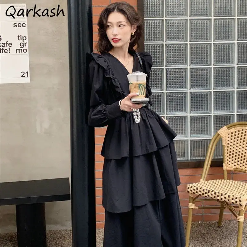 

Black Dress Women Ruffles Sweet Vintage Designed V-neck Gentle Temperament Literary French Style Chic Popular Vestidos All-match