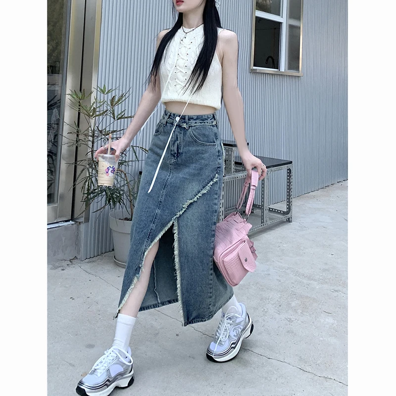 

Summer Women Denim Maxi Skirts Y2k Fashion High Waisted Blue Vent Raw Edge Korean Version Washing Casual Wrap Buttock Jean Skirt