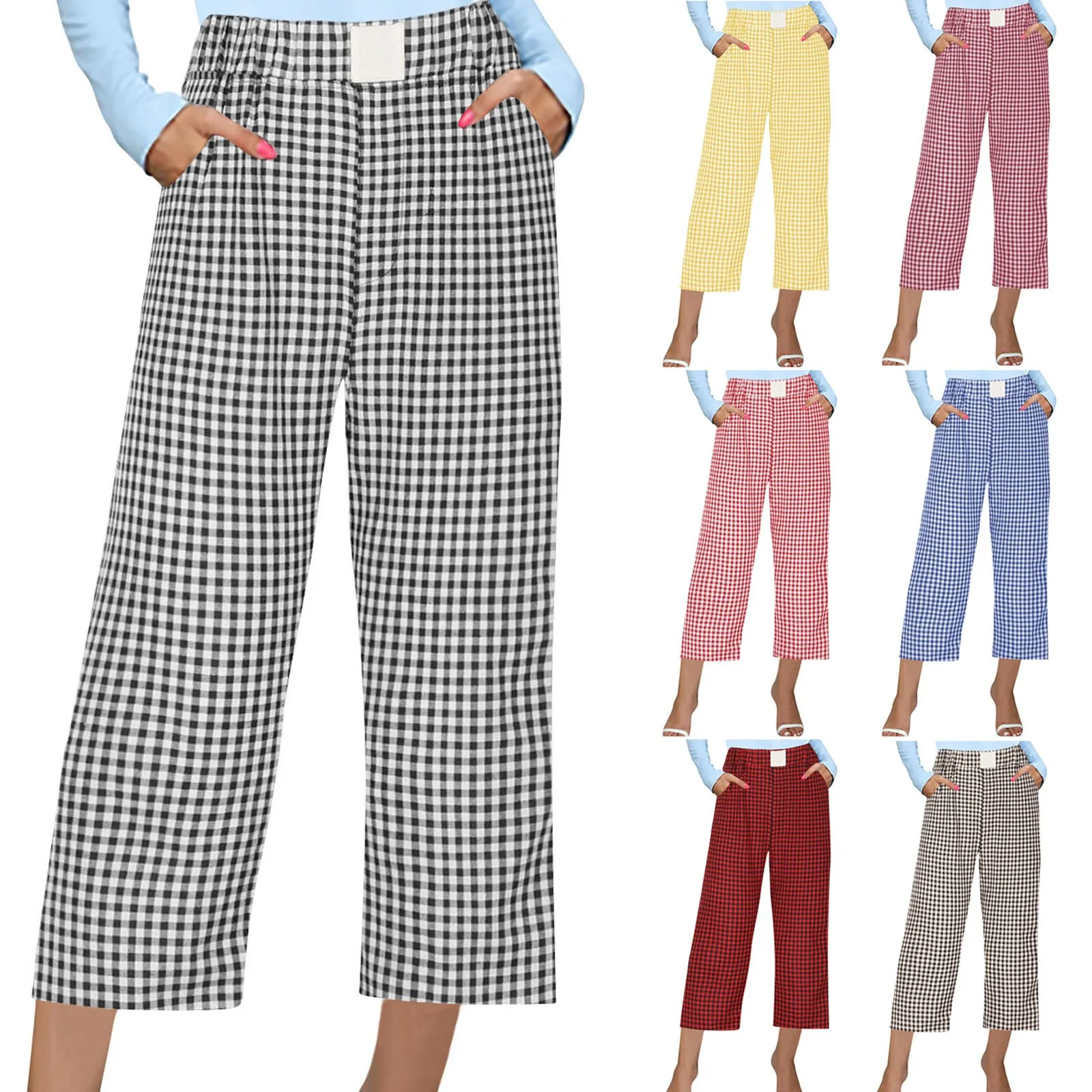 

Женские повседневные и удобные брюки с завышенной талией, Удобные Свободные винтажные клетчатые укороченные брюки с карманами, женские брюки