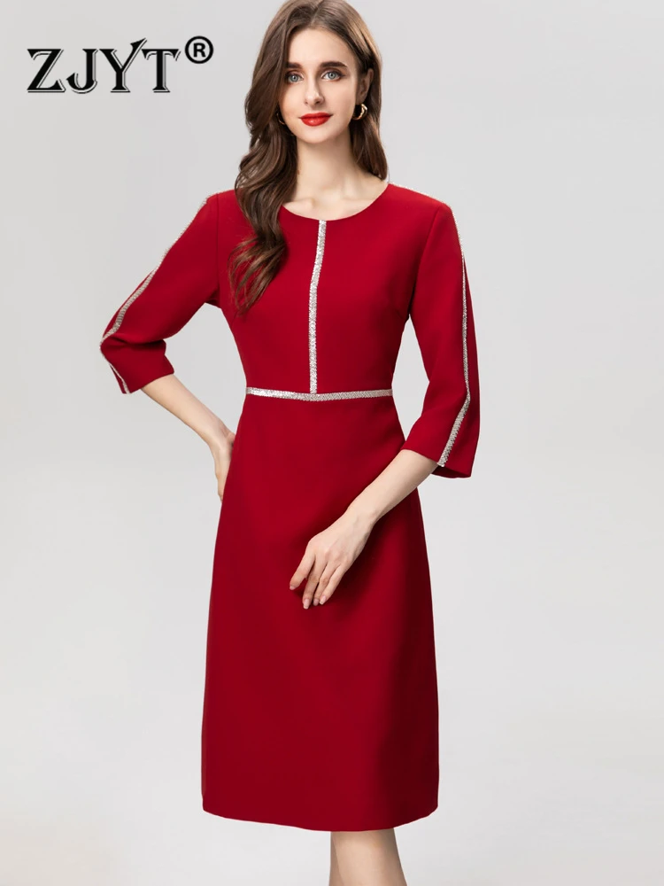 

ZJYT 2024 Spring Luxury Beading Red Dresses for Women Party Elegant Three Quarter Sleeve Cocktail Vestidos Fiesta Robe Femme