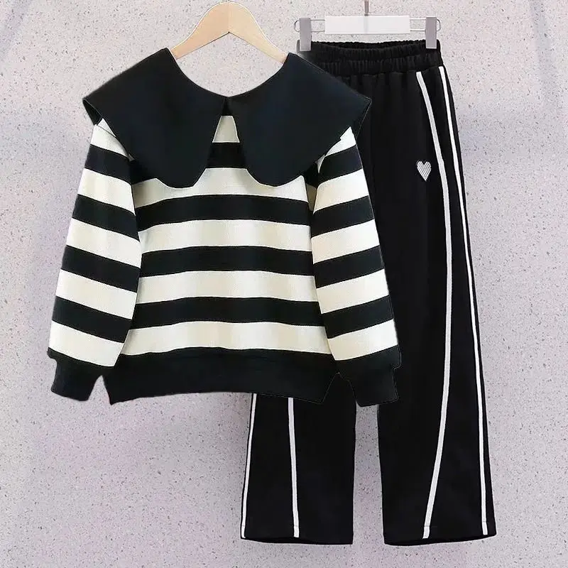 

Autumn Girls Clothes Set Kids Fashion Doll Collar Striped Top + Straight Pants 2 Pcs Set Junior Thickened Spring Clothes Trend