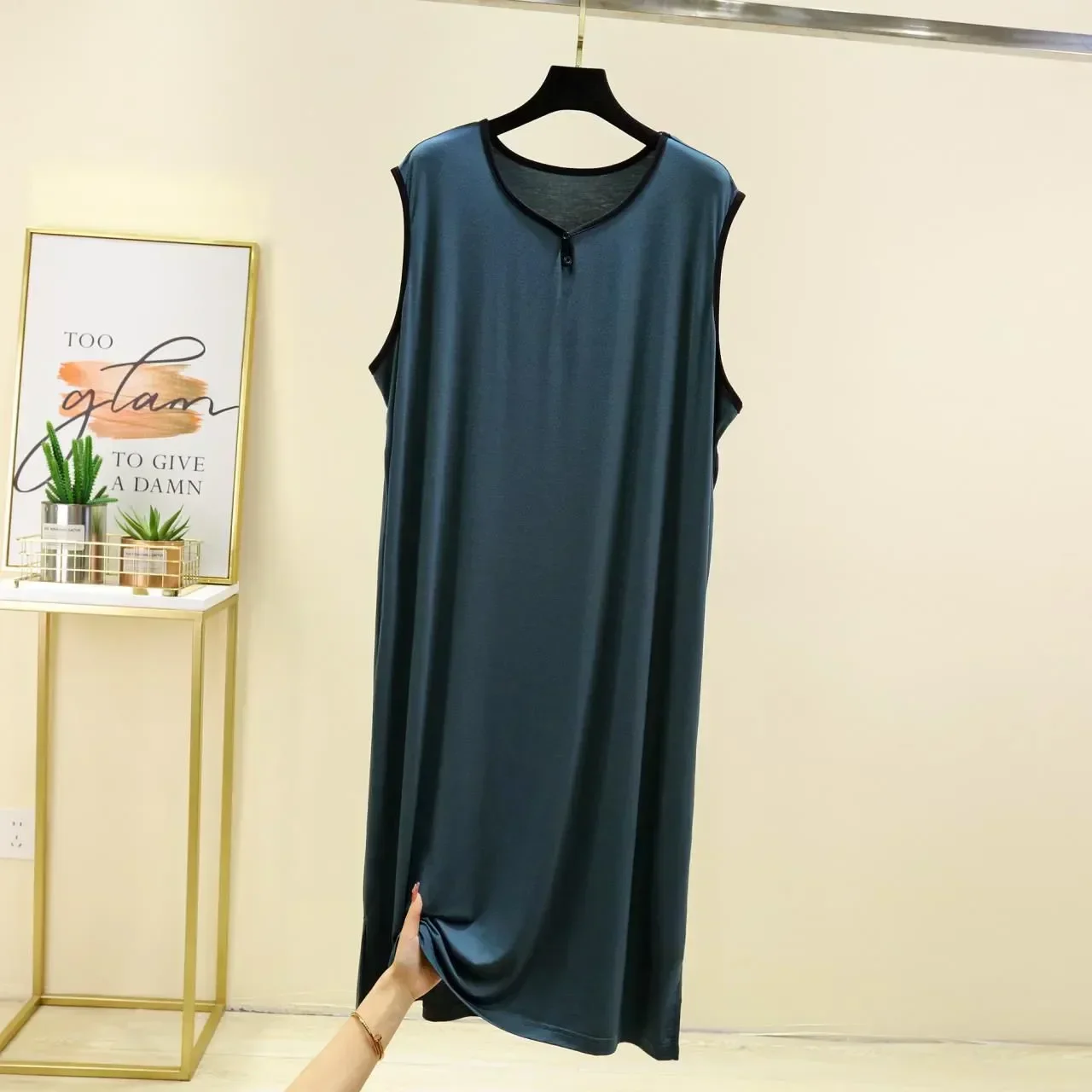 

Size Plus Modal Summer Men Tops Solid Nightshirt Thin Long Sleepwear Cotton for Pajamas Loose Mid Color Sleeveless