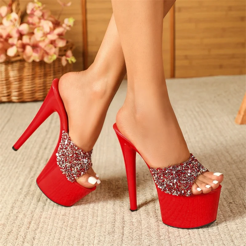 

2024 Black Red High Heels Platform Slippers Women Summer Fashion Sequined PVC Transparent Sandals Sexy Peep Toe Stripper Shoes