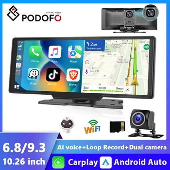 Podofo 차량용 미러 비디오 녹화 무선 카플레이 모니터, 자동차 멀티미디어 플레이어, 자동차 대시보드 DVR, 안드로이드, 10.26 인치