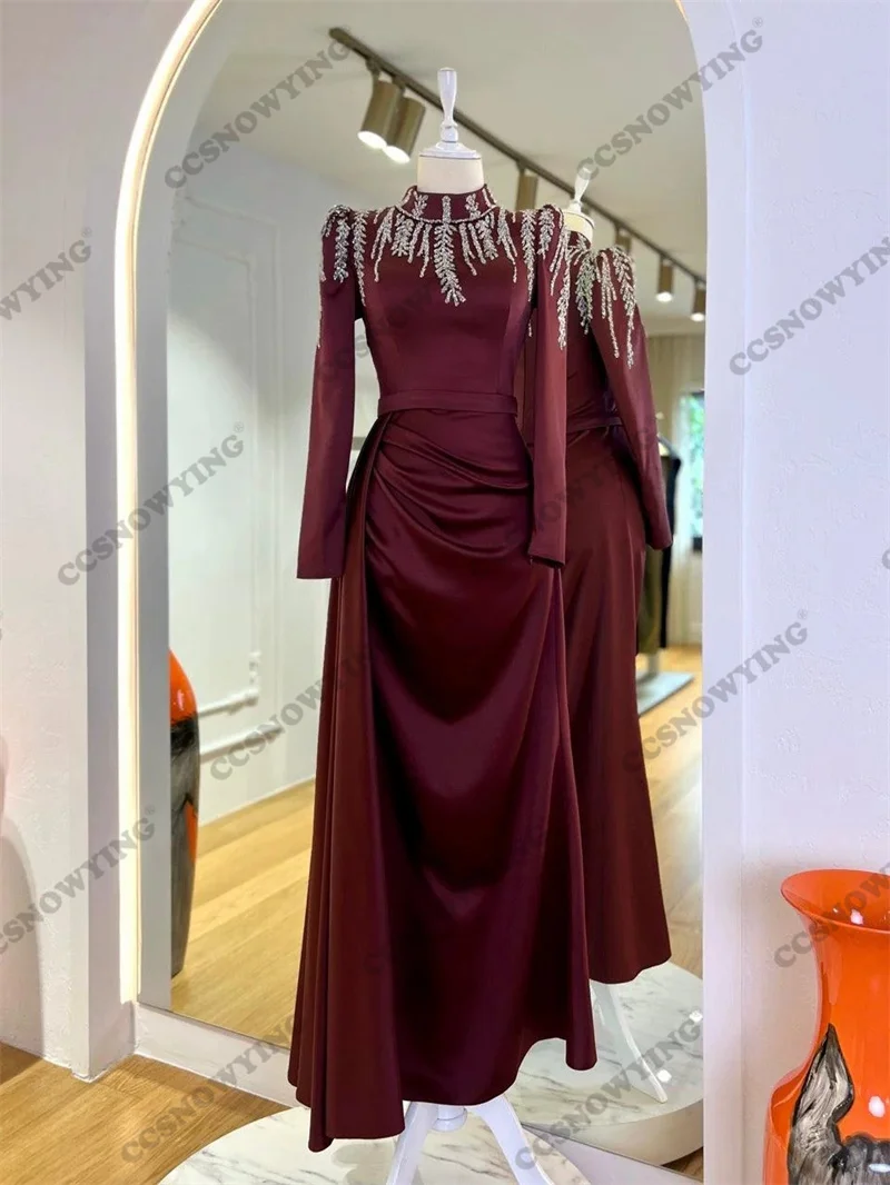 

Satin Beaded Full Sleeve Muslim Evening Gown Islamic Hijab Formal Party Dresses High Neck Women Arabic Kaftan Robe De Soiree