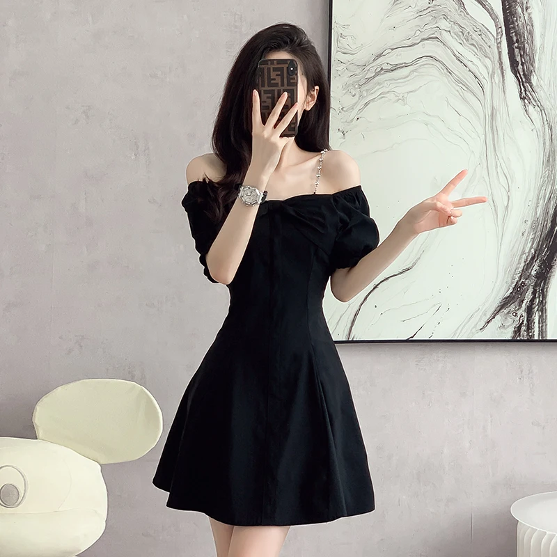 

Bow tie one shoulder dress for women's summer new design with a square neckline and waist cinching strap skirt short skirt