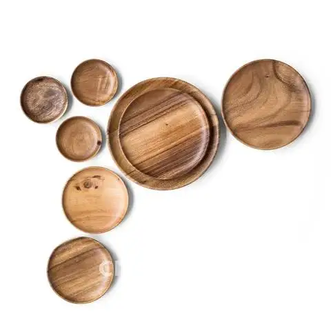 

Solid Round Wood Tray Tableware Sets Trinket Dish Set Sushi Fruit Tea Tray Dessert Plates Acacia Wooden Dinner Breakfast Plates