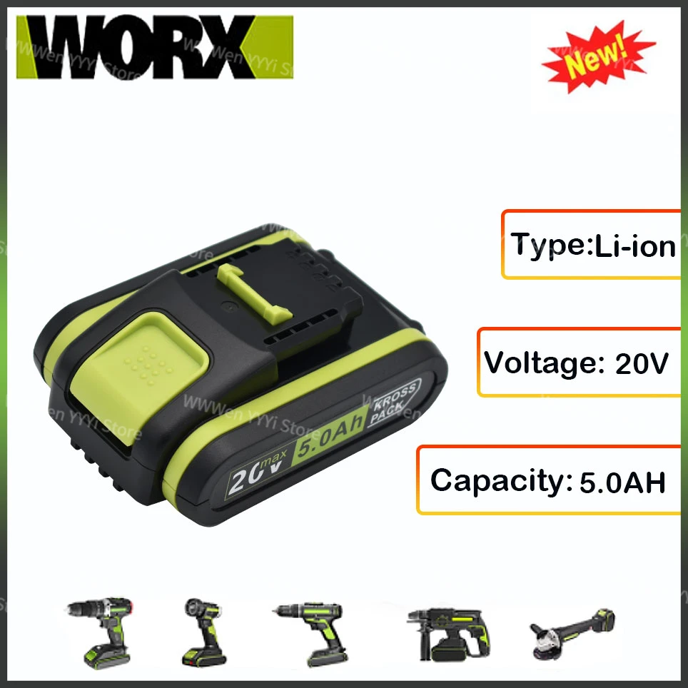 

Worx New Power Tools Rechargeable Replacement Battery 20V 5000mAh Lithium for Worx WA3551 WA3553 WX390 WX176 WX178 WX386 WX678