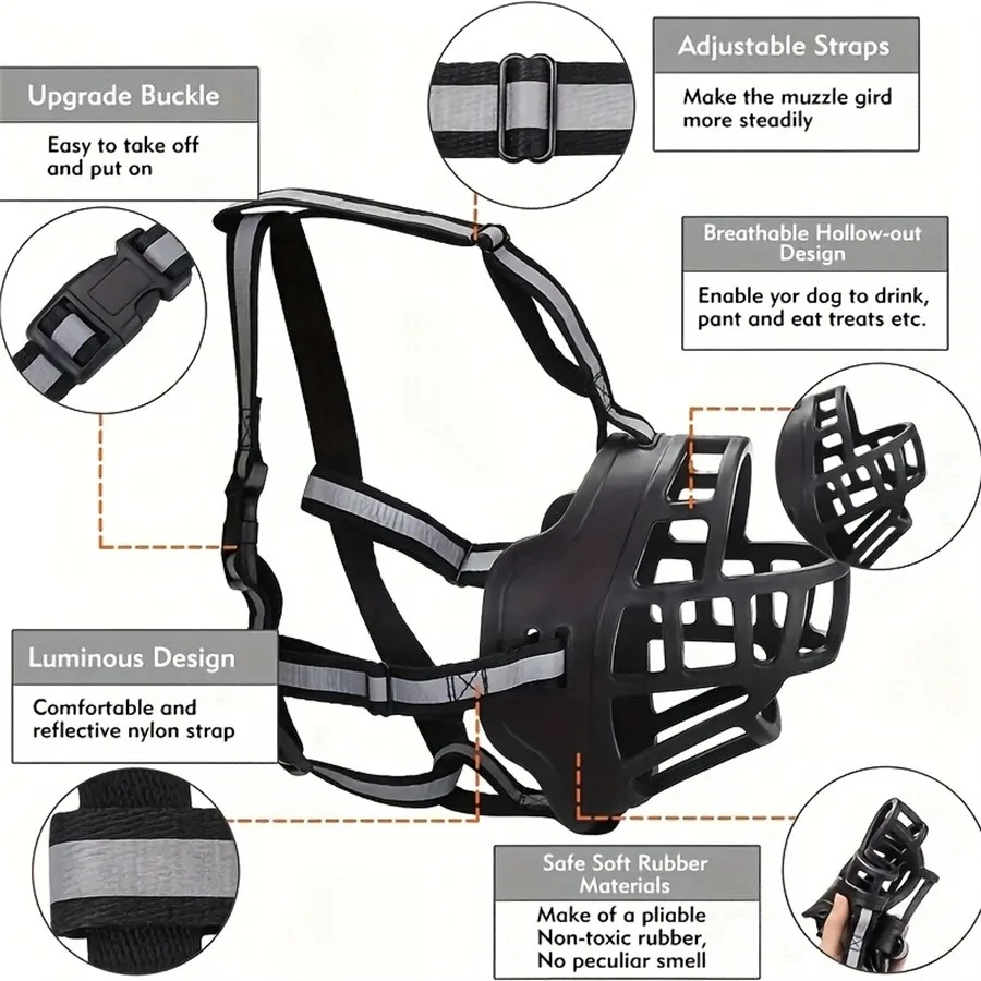 Adjustable Dog Muzzle | Breathable Comfortable for Small to Large Dogs A product feature diagram of a black dog muzzle. Labels point to specific features: an "Upgrade Buckle," "Adjustable Straps," "Breathable Hollow-out Design," "Luminous Design" featuring reflective nylon, and "Safe Soft Rubber Materials" made of non-toxic, pliable rubber.