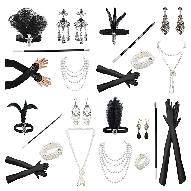 

1Set 1920's Flapper Cosplay Costume Feather Headband Pearl Necklace Long Glove Gatsby Masquerade Accessories
