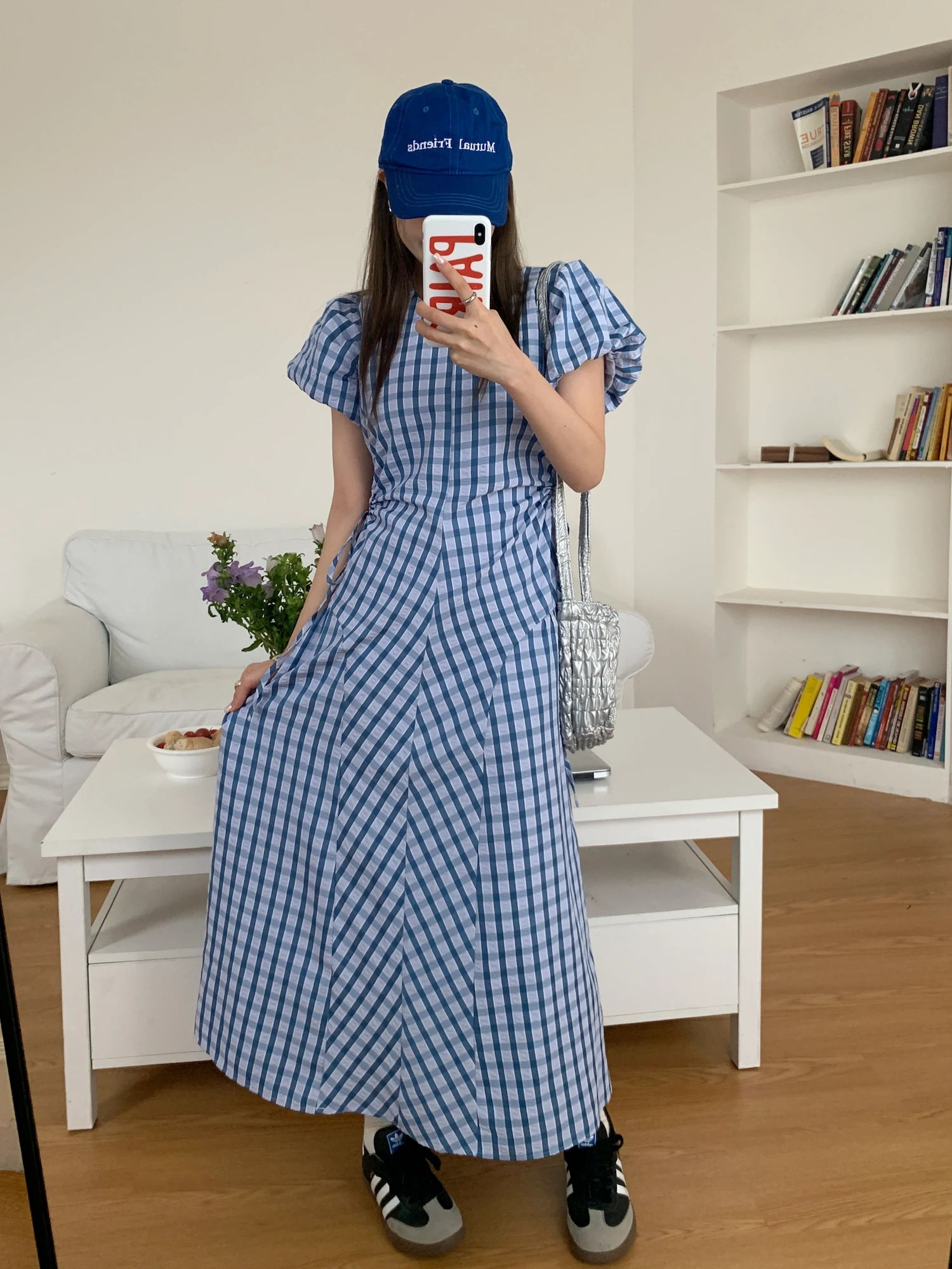 

Coigarsam Long Dress Women Summer 2024 French Style Vintage Plaid Puff Sleeve High Waist Blue Pink Dresses