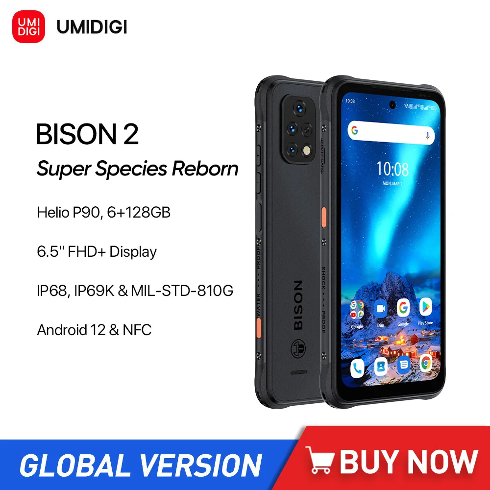 

UMIDIGI BISON 2 4G Rugged Smartphones Helio P90 Octa Core 6GB+128GB 6.5Inch HD Android 12 Mobile Phone 48MP Camera 6150mAh NFC