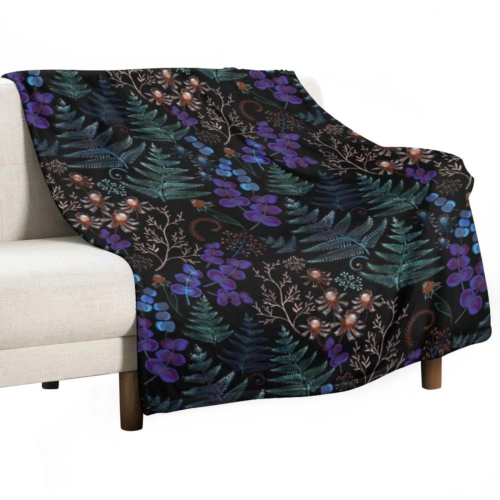 

Moody Florals with Fern Leaves on Black Throw Blanket Personalized Gift Single Blanket