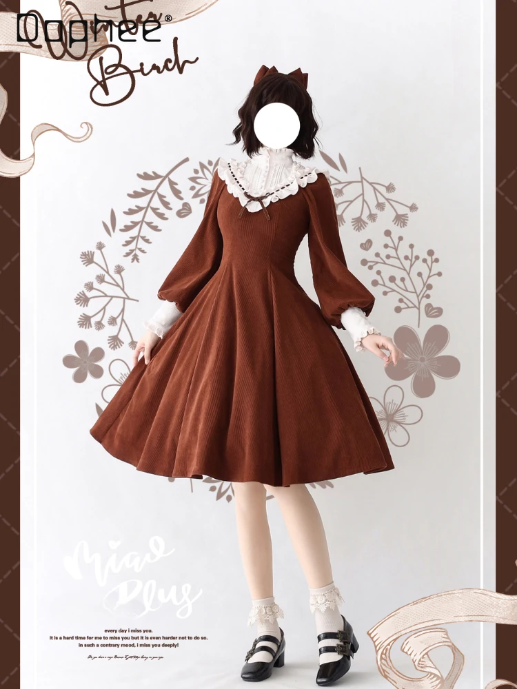 

Spring Autumn Lolita Style Dress Women Half Turtleneck Long Sleeve Cute Sweet Bow Elegant Corduroy Material Mid-Length Dress