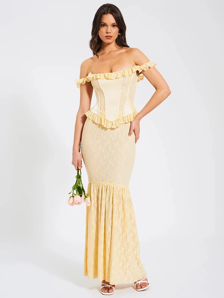 

Mozision Yellow Satin Lace Corset Off Shoulder Maxi Dress For Women Gown Fashion New Strapless Backless Bodycon Club Party Dress