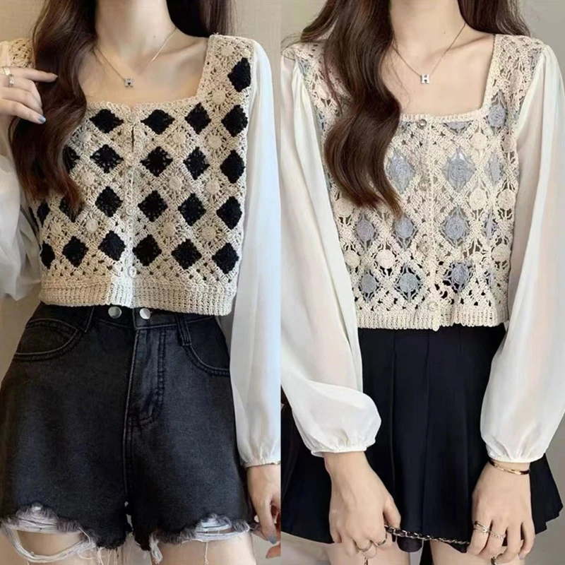 Korean Women Chiffon Puff Sleeve Cardigan Crop Top Hollow Crochet Diamond Stitching Square Neck Button Sweater Jacket
Korean Women Chiffon Puff Sleeve Cardigan Crop Top Hollow Crochet Diamond Stitching Square Neck Button Sweater Jacket