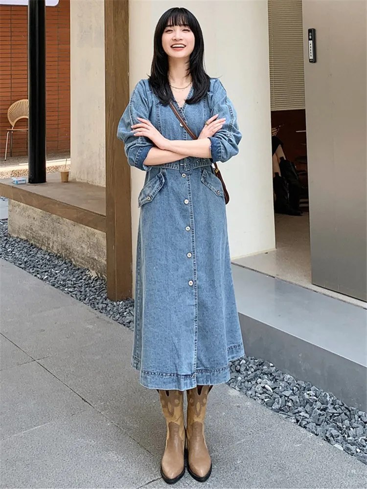 

V-neck Long Sleeve Denim Dress for Women 2022 Autumn New Vintage Elegant Slim Casual Korean Style Belted Cowboy Dresses 8802