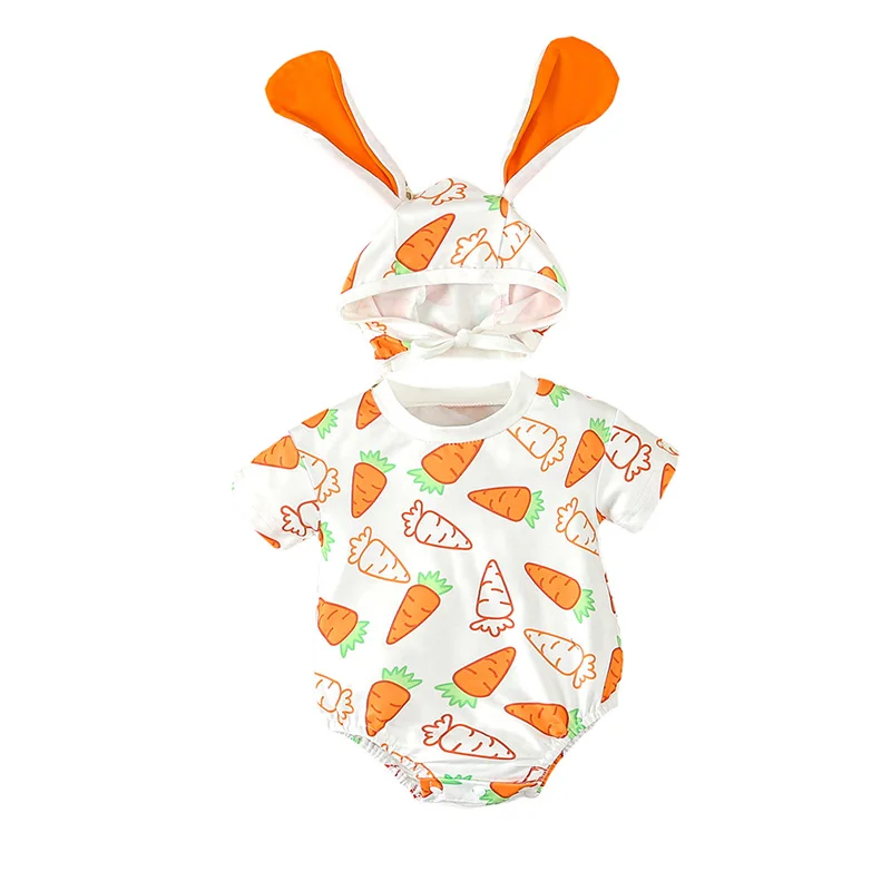 

Infant Baby Boys Girls Easter Jumpsuit Cute Carrot Print Round Neck Short Sleeve Romper with Bunny Ear Hat
