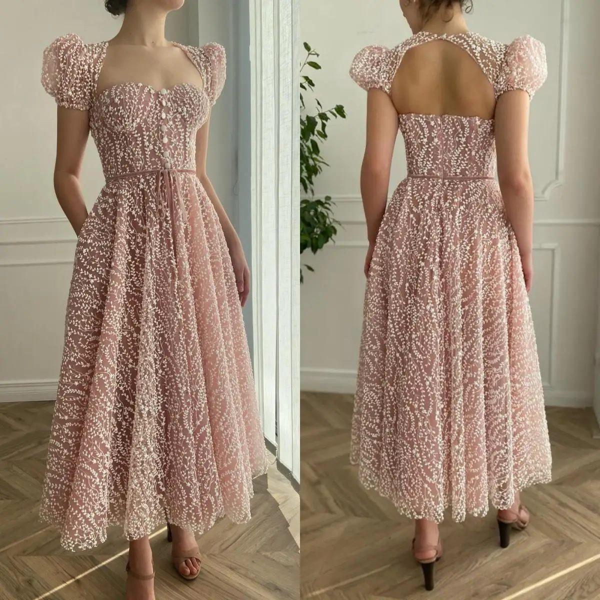 

14924 # IENA розовое длинное кружевное платье для выпускного вечера с короткими рукавами женское платье длиной ниже колена для выпускного вечера с поясом ленты Свадебные платья