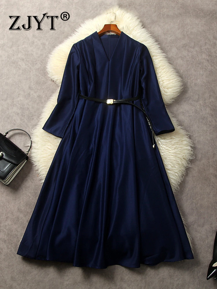 ZJYT Elegant Midi Dresses for Women 2024 Spring Designer V Neck Wrist Sleeve Aline Office Party Vestidos Dark Blue Simple Robe
ZJYT Elegant Midi Dresses for Women 2024 Spring Designer V Neck Wrist Sleeve Aline Office Party Vestidos Dark Blue Simple Robe