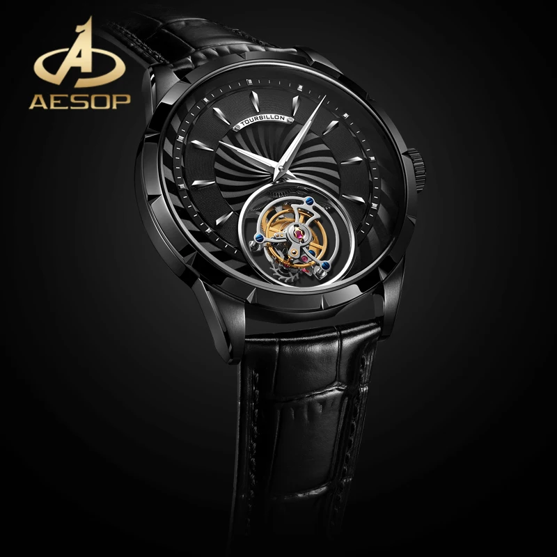 

Модные мужские механические часы-скелетоны AESOP, сапфировые водонепроницаемые Роскошные мужские часы с ручным заводом и турбийоном