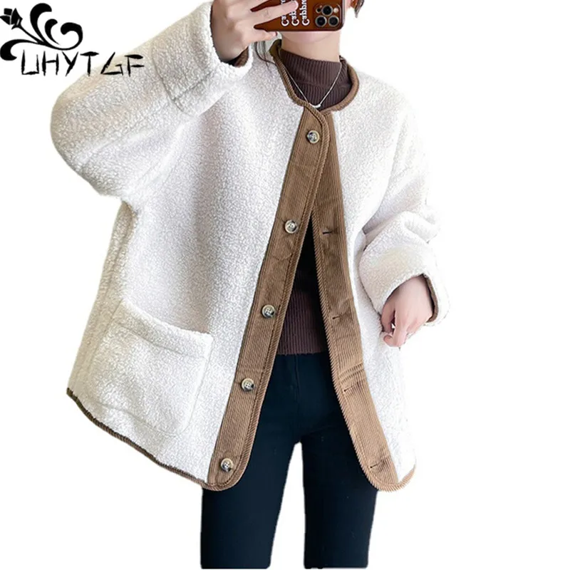 

UHYTGF Lamb Cashmere Autumn Winter Coat Women Fashion Single Breasted Corduroy Splice Jacket Female Casual Student Outewear 2338