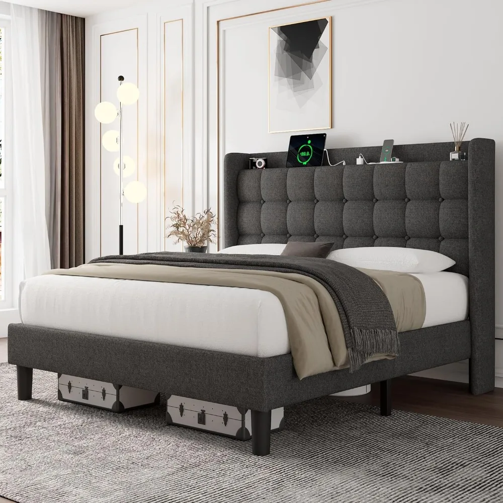 Full Bed Frame with Charging Station, Upholstered Platform Bed Frame with Wingback Storage Headboard, Bed Frame 
Full Bed Frame with Charging Station, Upholstered Platform Bed Frame with Wingback Storage Headboard, Bed Frame