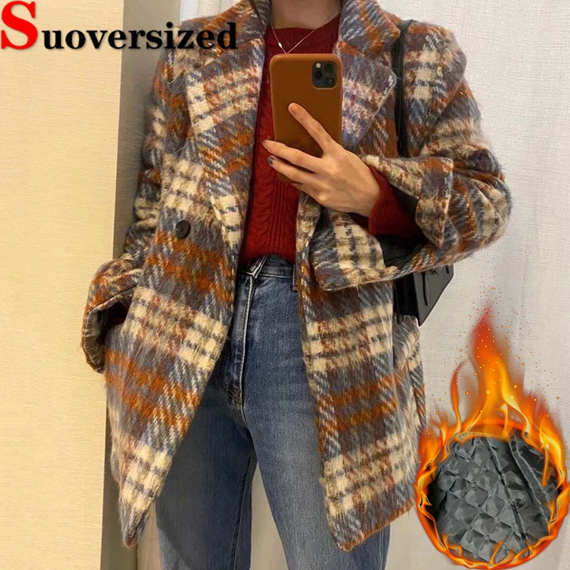 

Loose Vintage Plaid Wool Blend Coats Thicken Quilted Mid-length Abrigos Elegant Women's Woolen Jackets Fall Winter Warm Overcoat