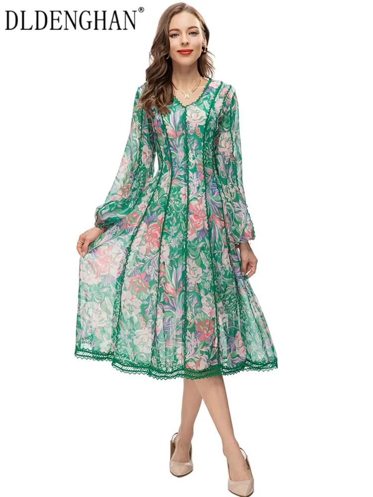 

DLDENGHAN Spring Summer Dress Women V-Neck Lantern Sleeve Flowers Print Lace Ruffle Bohemian Vacation Dresses Fashion Runway New