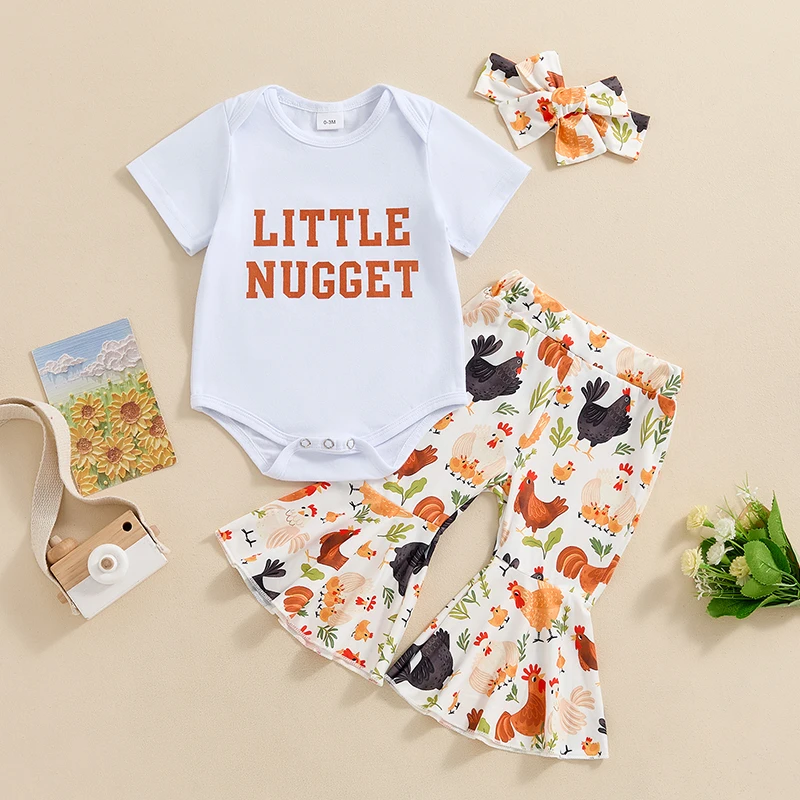 

2024-03-21 Lioraitiin Baby Girls Summer Outfit Letter Print Short Sleeves Romper and Chicken Print Flare Pants Headband Clothes