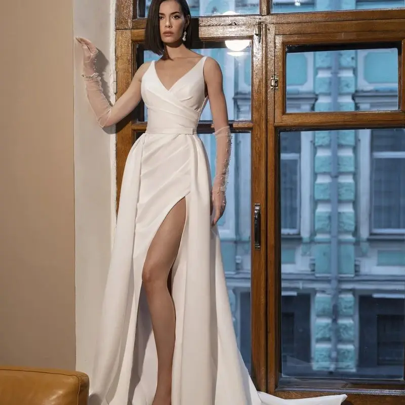 

Stunning A-line Wedding Dress Spandex V-Neck Backless Side Slit Detachable Skirt Customize To Measures Bridal Gowns Robe De