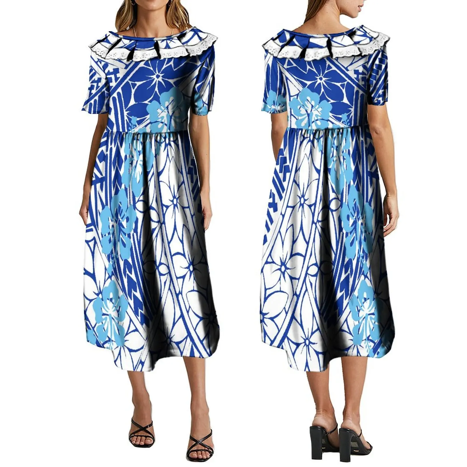 

Polynesian Customized Women's Dress Casual Long Dress Summer Short Sleeve Dress Ruffle Neckline Long Dress