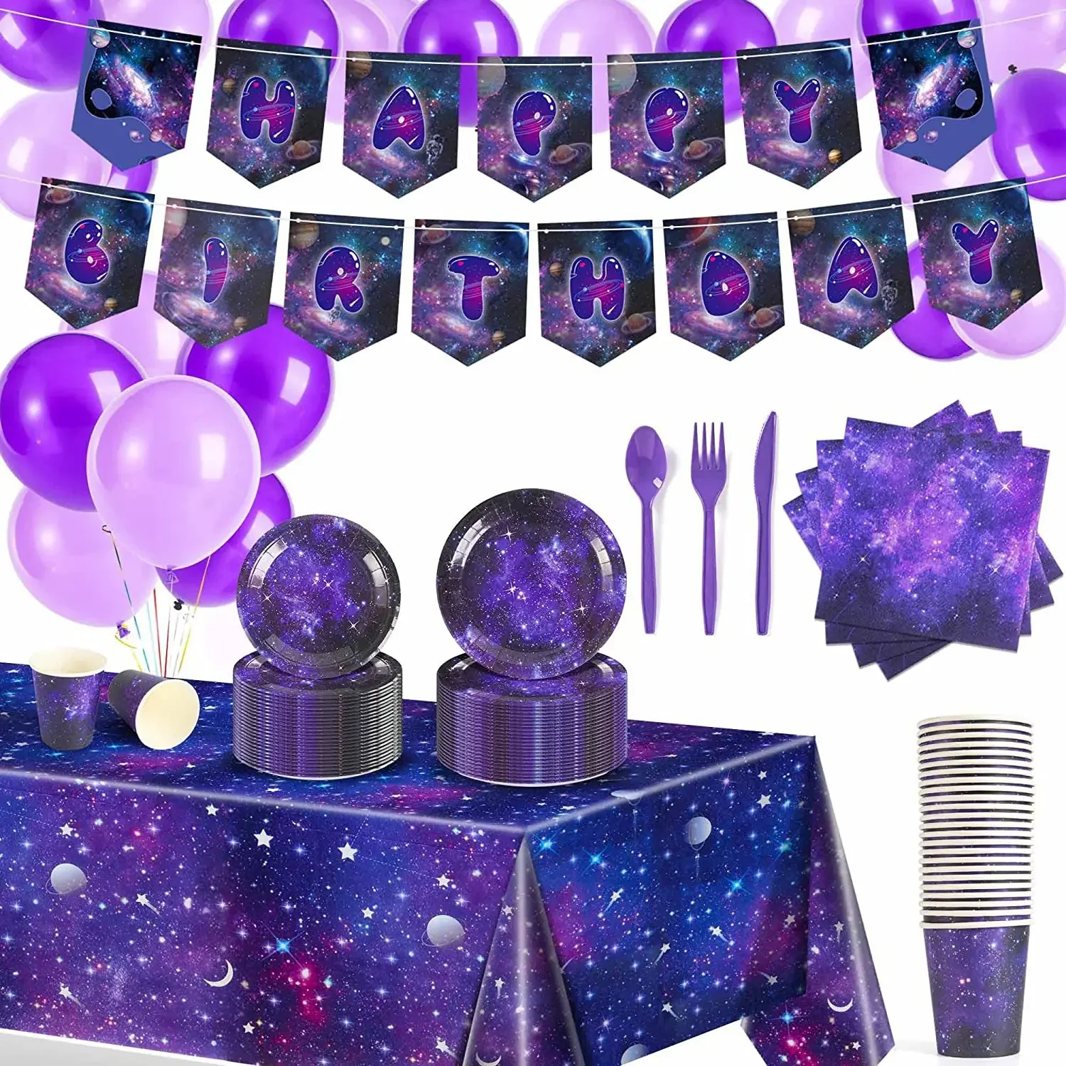 

Одноразовая посуда для вечеринки на 16 человек, декоративная бумажная тарелка с изображением фиолетовых звезд и галактики, бумажный стакан, нож и вилка, ложка для детей
